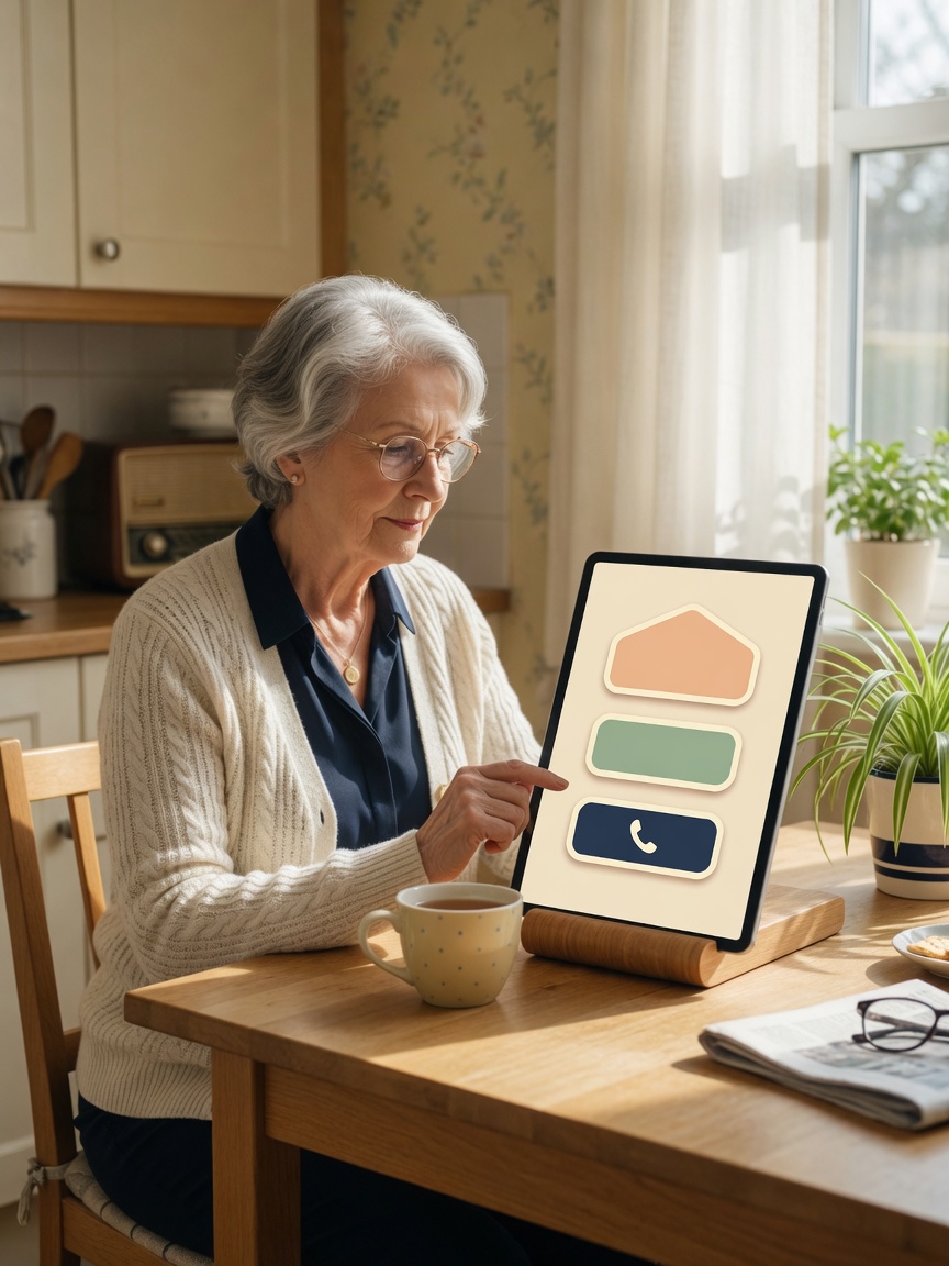 An older adult at a kitchen table using a large tablet with three big buttons.