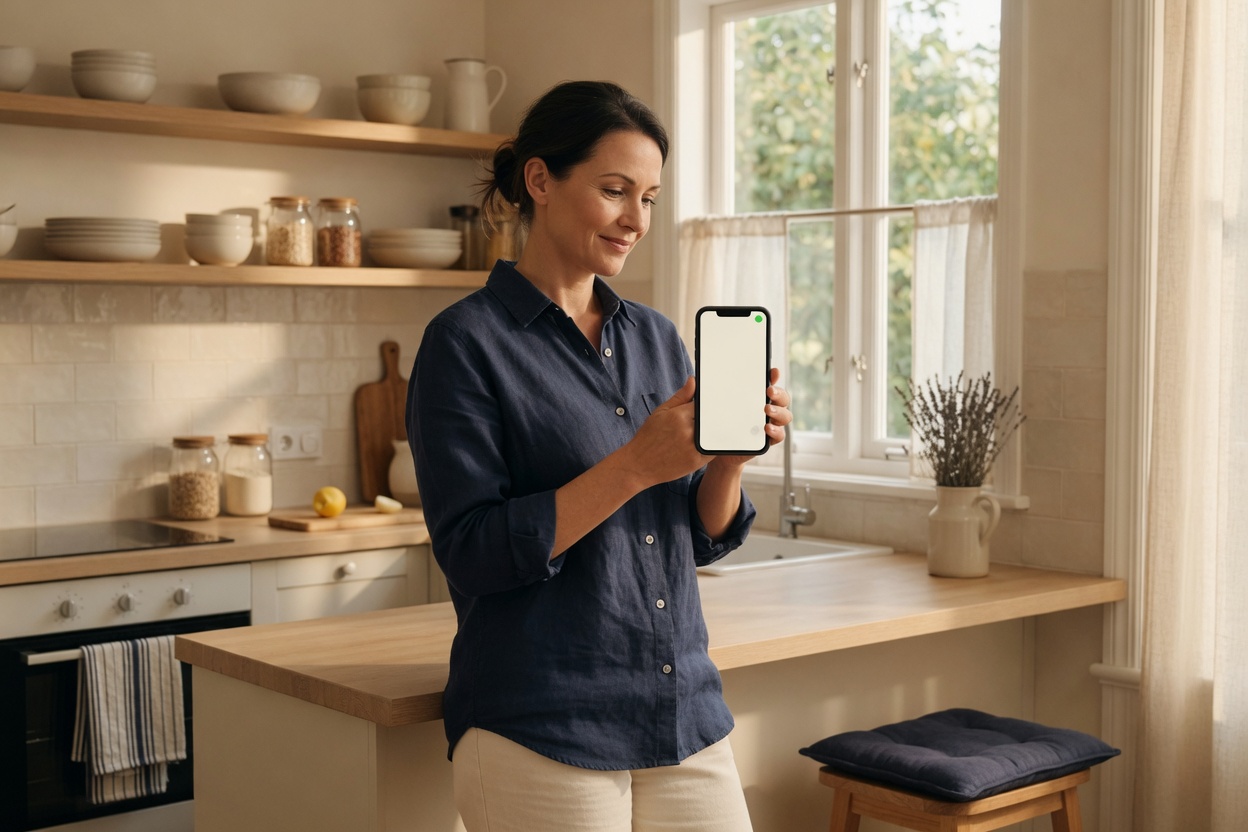 A caregiver in a bright kitchen glancing at a phone with a green status dot.