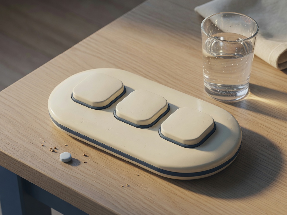 A cream tablet with large blank buttons on a kitchen table.