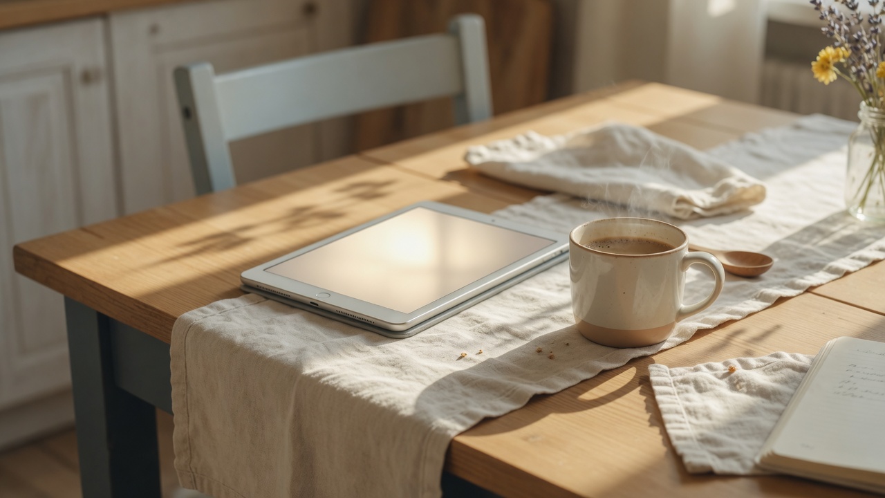 A cream tablet on a sunlit kitchen table beside morning coffee.